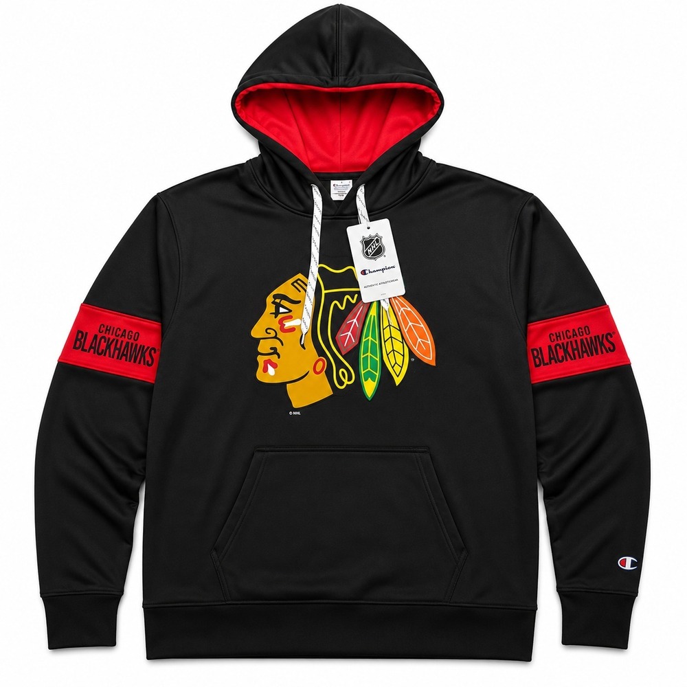 Champion Chicago Blackhawks Hoodie Mens L Black NHL Pullover Sweatshirt NWT